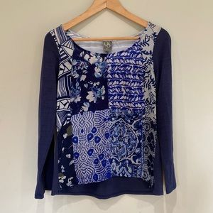 ANTHROPLOGIE Blue Patchwork Cotton Long Sleeve wit roll-up button Blouse S